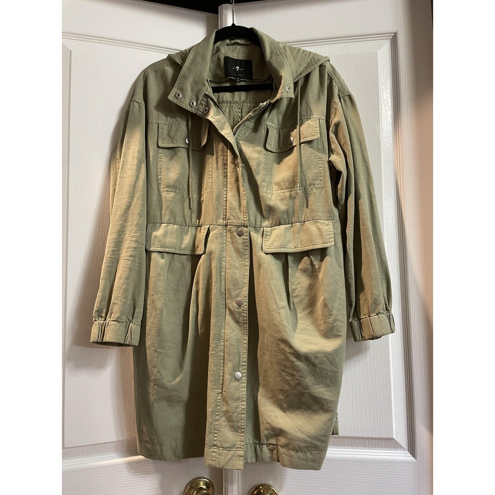 7 For All Mankind Jacket Womens Medium Green Hooded Utility Parka Coat Pockets